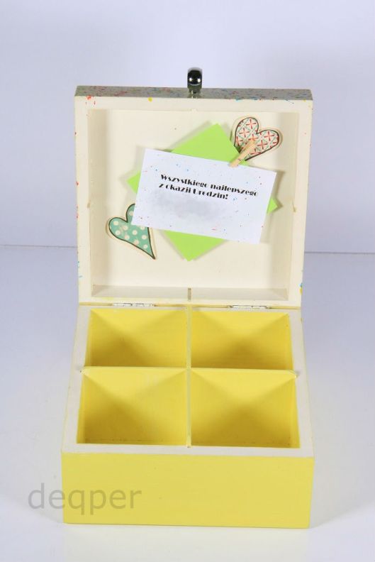 decoupage cekiny diemaenciki zółte pudełko szkatułka herbatnik na herbate